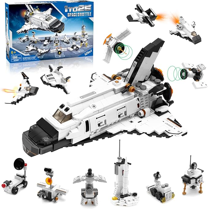 Space Shuttle Building Toys, 25-in-1 Aerospace Building Kit for Kids to Assemble a Big Spaceship or 12 Small Different Space Probe, Best Present for Boys and Girls Aged 6 7 8 9 10 11 12 13 14+, 586PCS