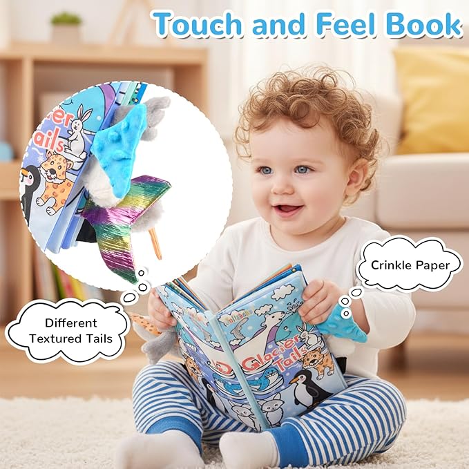 HECCEI Baby Cloth Books Soft Baby Book 0-6 Months Crinkle Books with Tail Touch and Feel Sensory Toys for Infant Tummy Time for 3 Months+, Glacier Tails
