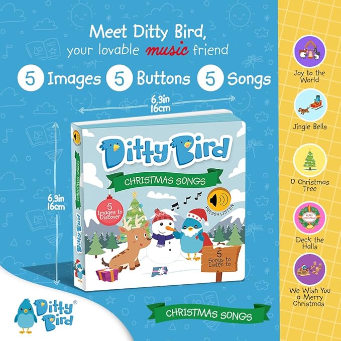Ditty Bird Christmas Musical Book for Toddlers – Interactive Sound Book with Jingle Bells & Holiday Songs for Babies 1-3 | Sturdy Baby Book & Xmas Music Toy