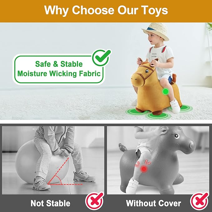 iPlay, iLearn Bouncy Pals Hopping Horse, Toddler Girl Boy Inflatable Bouncing Animal Hopper Toy, Outdoor Indoor Plush Ride on Bouncer, Baby Birthday Gift 18 Month 2 3 4 Year Old Kid - Horse