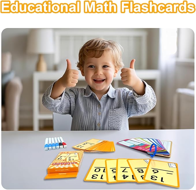 1-12 Math Flash Cards with 6 Dry Erase Pens, 15Pcs Big Subtraction Flash Cards + 36 Pcs Random Double-Sided Subtraction Practice Cards, Educational Math Flashcards for Kids Ages 3+