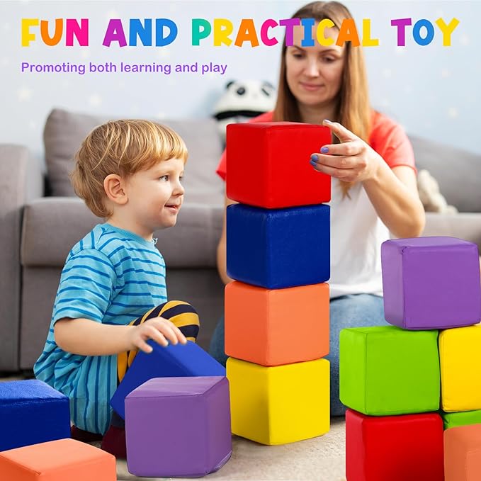 Civaner 12 Pcs Foam Building Blocks for Kids 5.51 Inch Colorful PU Leather Foam Counting Cubes Stacking Block Sets Building Throwing Toys for Toddler Math Preschool Learning Birthday Gift