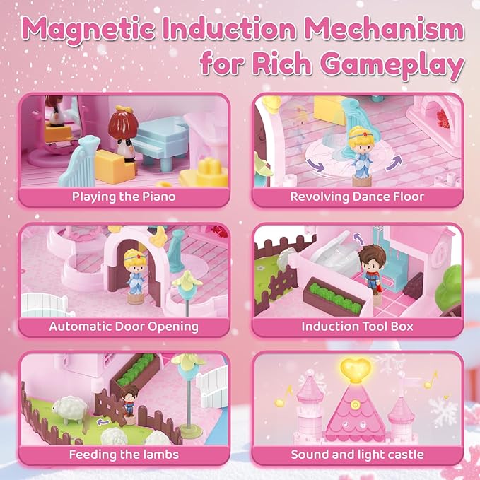 Dream Princess Play Set ,12.2*8.6*8.8 inches with 4 Magnetic Control Movable Toys, Magnetic Doll House Building Toys with Light Music, Toy Gift for Girls Kids Ages 6+（Pink）