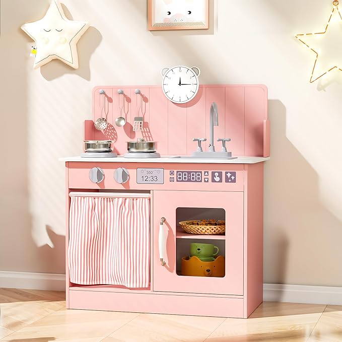MAMIZO Play Kitchen for Toddlers, Wooden Kids Toy Kitchen Playset with Smart Storage, Ultimate Interactive, Simulated Gas Cooker, Sink & Faucet, 6 Pcs Cookware & Educational Clock (Pink)