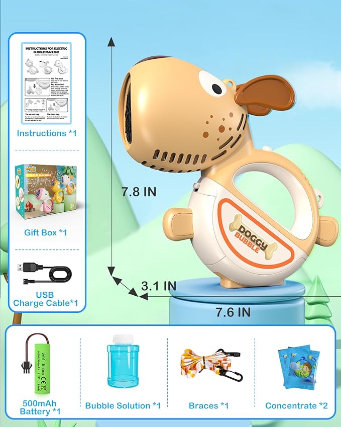 Rechargeable Bubble Gun for Kids, Portable 360°Leak Proof Puppy Bubble Machine Gun for Kids Toddles 1-3 4-8 Parties with Lights Music Auto Bubble Blower Gift for Boys Girls and Pet Brithday