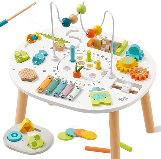 Giant bean® Wooden Activity Table for 1 Year Old, 11-in-1 Montessori Learning Table with Bead Maze, Shape Sorter, Fishing Game & More – Sensory Development Toy for Toddlers, Ideal 1st Birthday Gift
