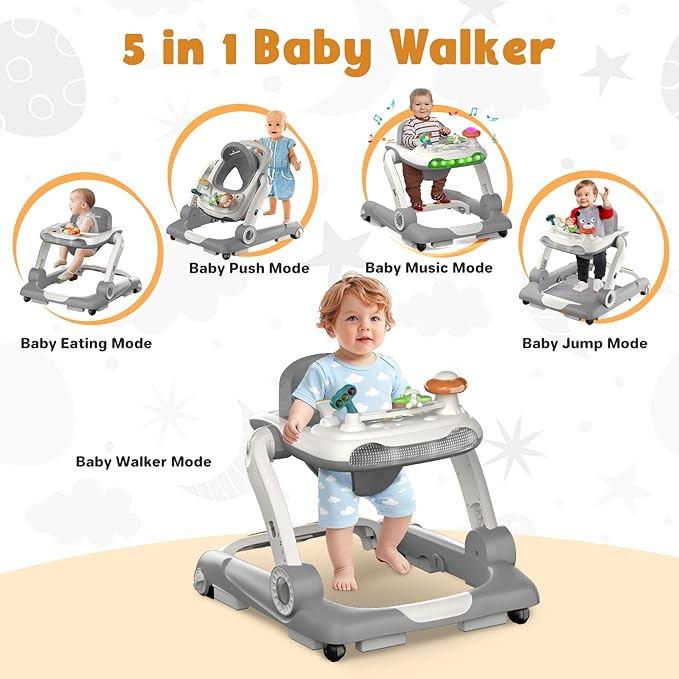 5 in 1 Baby Walker, Activity Baby Walker-Baby Bouncer, Rocker, Activity Center,Seat and Push Walker,Detachable Trampoline Mat, Adjustable Speed Rear Wheels and Height,Ages 6-18 Months