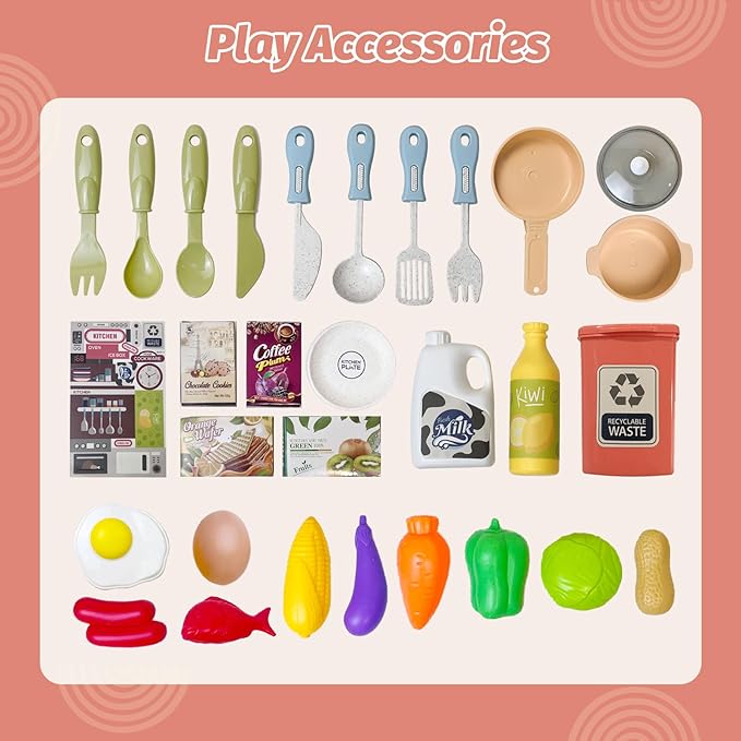 Play Kitchen Accessories for Toddlers, Cooking Stove with Realistic Sounds and Lights, Simulation Play Sink with Running Water, Pots and Pans Set, Play Foods Toys for Boys Girls 3 Years Up (Pink)