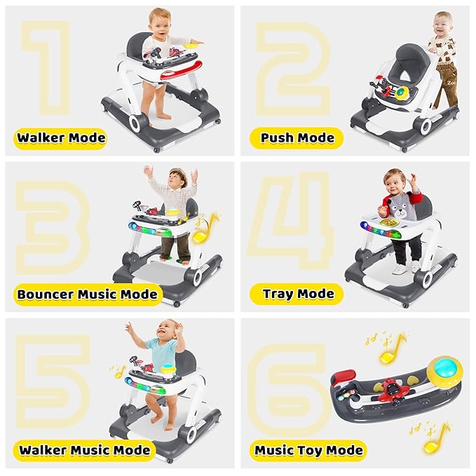 6 in 1 Baby Walker, Baby Activity Center for Toddler, Walker Rocker Bouncer w/Adjustable Height Speed, Learning-Seated & Walk-Behind, Infant Walker w/Feeding Tray & Music Toys, Grey