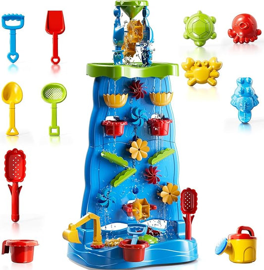 Water Table for Toddlers 1-3 Kids Ages 4-8, Double-Sided Waterfall Discovery Wall with Rich Activity Set, Summer Kids Outdoor Beach Sensory Sand Water Play Table Toys, Birthday Gifts for Boys & Girls