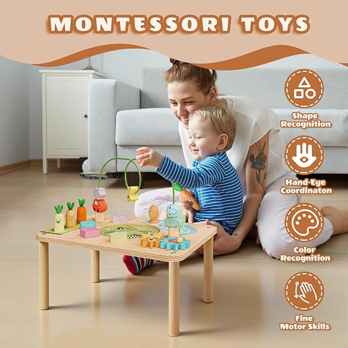 wingyz Activity Table, 6 in 1 Wooden Montessori Activity Center with Bead Maze Shape Sorter Fishing Game, Kids Sensory Play Table Toddler Toys 1st Birthday Gifts Boy Girl(Morandi-Square)