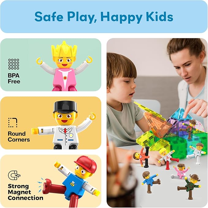 PicassoTiles 16pc Magnetic Character Figures Expansion Set Toddler Style People Compatible with Magnet Tile Building Set STEM Educational Construction Toy for Kids Pretend Play Creative Learning PTA08