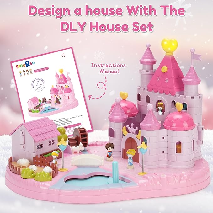 Dream Princess Play Set ,12.2*8.6*8.8 inches with 4 Magnetic Control Movable Toys, Magnetic Doll House Building Toys with Light Music, Toy Gift for Girls Kids Ages 6+（Pink）