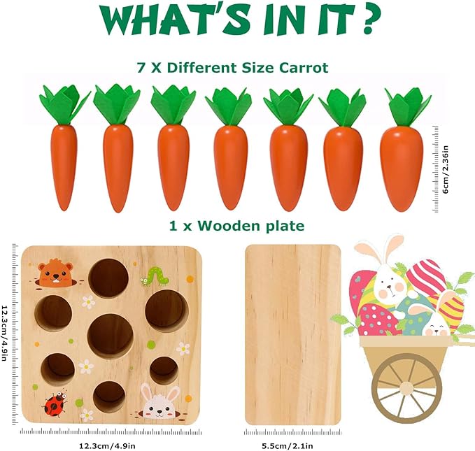Montessori Toys for 1 Year Old, Montessori Baby Carrots Toy for 6-18 Months, Educational Wooden Carrot Harvest Game for Shape Sorting & Easter Toys, Birthday Easter Gifts for Babies Boys Girls