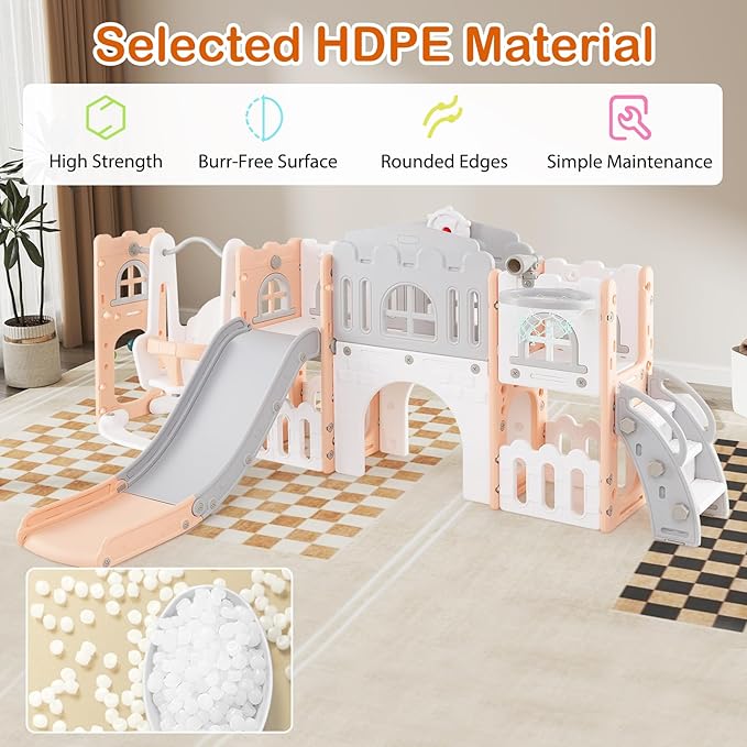 Costzon 10 in 1 Toddler Swing and Slide Set, Kids Slide and Climber Playset w/Aisle, Peek-a-Boo Window & Storage Space, Baby Indoor Playground for Aged 1+ (Pink,100" × 59" × 40")