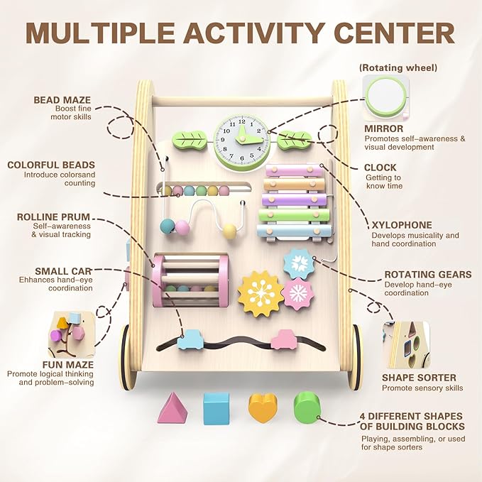 Wooden Baby Walker,Adjustable Speed Push Walker with Wheels and Learning Activity Center,Montessori Walker for Babies 12 Months,Baby Walker Push Toys for Baby Boys and Girls Gifts (Natural)