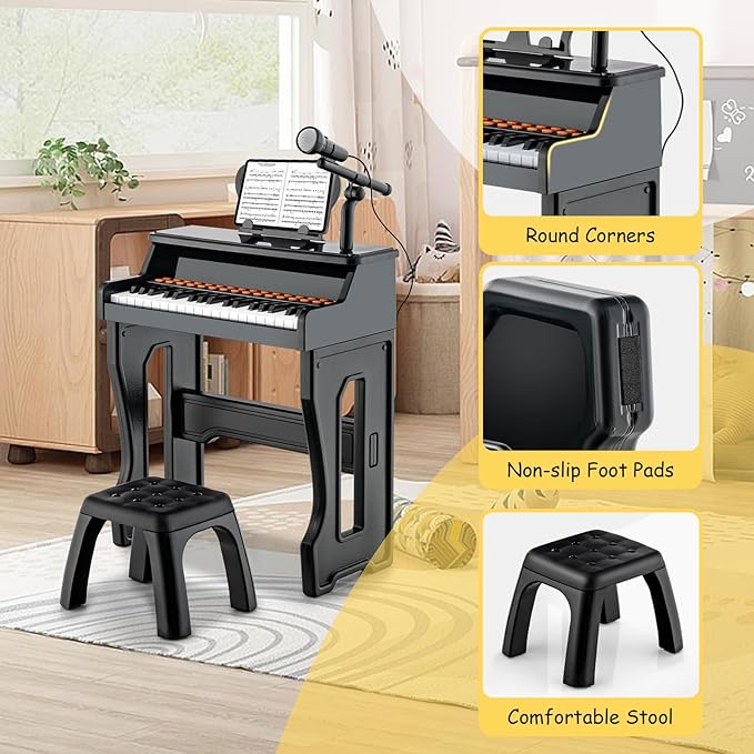HONEY JOY Kids Piano, 37-Key Black Kids Keyboard Piano w/ Music Stand & Bench, Gift for Babies w/ Microphone, Portable Electronic Educational Musical Instrument, Toddler Piano for Girls Boys
