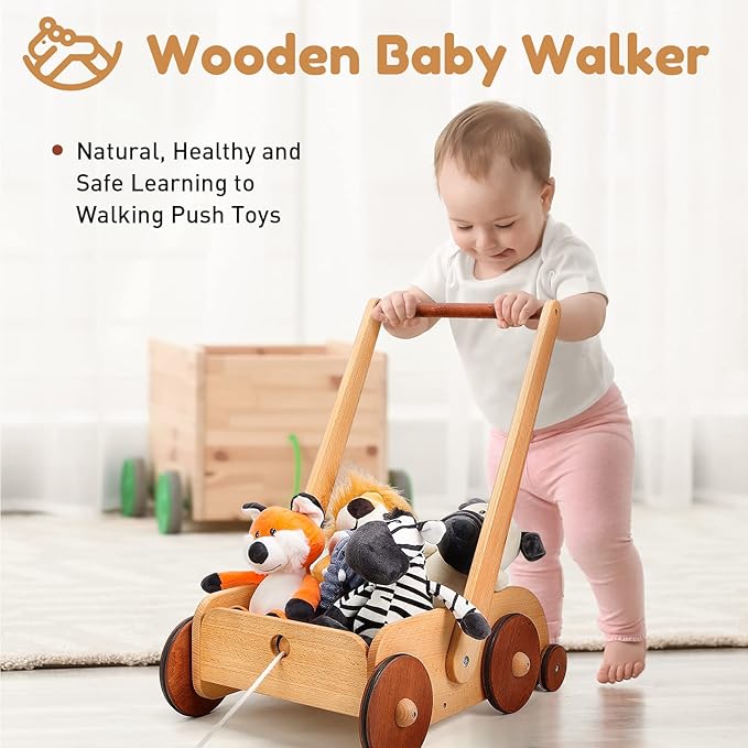 Woodtoe Wooden Baby Walker, Adjustable Speed Anti-Rollover Push Walker Toy for Babies Learning to Walk, Natural Wood Toddler Push and Pull Toys Wagon Christmas Toy for Boy Girl 12 3, 1st Birthday Gift