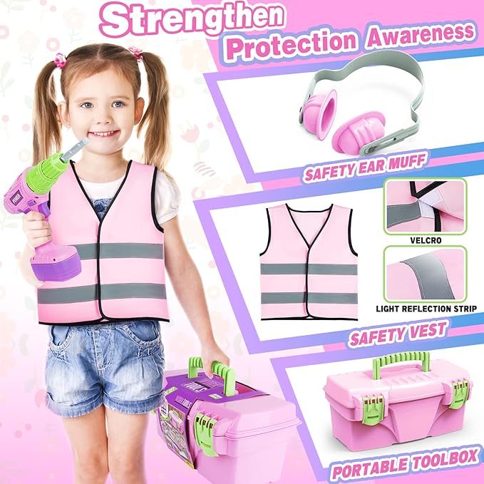 Kids Tool Set with Electric Toy Drill Hammer Tool Box for Girls, Pink Toddler Tool Set Kids Power Construction Pretend Play Tools Kit for 3 4 5 6 7 8 Year Old Toddlers Girl Boys Toys