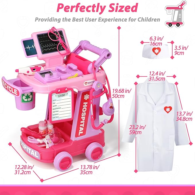 Liberry Doctor Kit for Toddlers Ages 2 3 4 5, Pretend Kids Doctor Playset with Cart, Costume and Stethoscope, Role Play Medical Toys Christmas Birthday Gift for Girls Boys (Pink)