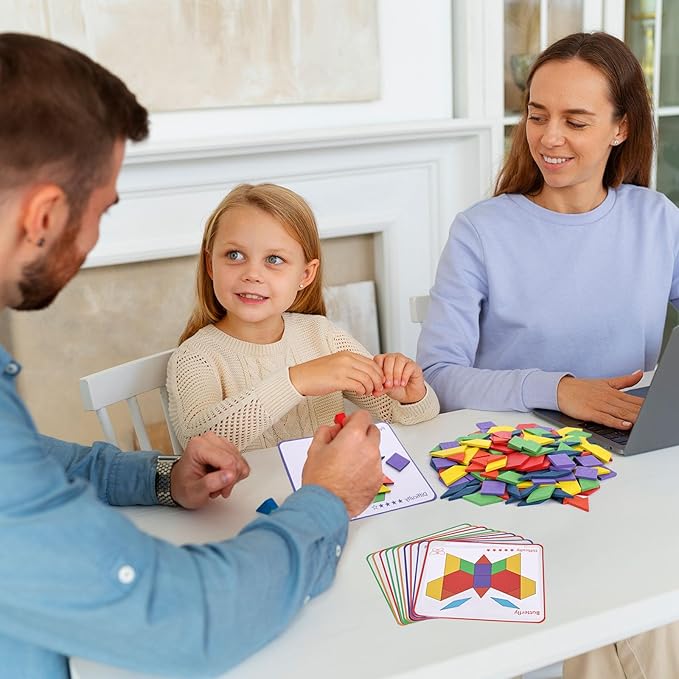 LovesTown Wooden Pattern Blocks Set for Kids, Geometric Shapes with Learning Cards, 150 PCS Educational Puzzle Toy