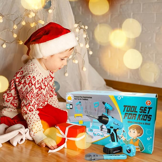 LOYO Kids Tool Set - 50 PCS Pretend Play Toy Box with Construction Vest and Electronic Drill Set for Toddlers Boys Ages 3-7 Years Old Christmas Birthday Gift (Blue)