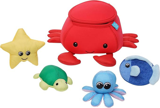 Manhattan Toy Neoprene Crab 5-Piece Floating Spill n Fill Bath Toy with Quick Dry Sponges and Squirt Toy