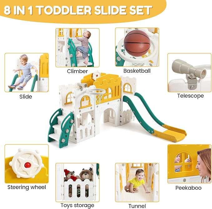 GAOMON 8 in 1 Toddler Slide Indoor Playground, Indoor Slide Toddler Playset for Toddlers 1-3, Kids Outdoor Playground with Slide, Basketball Hoop, Climber, Crawling Tunnel, Telescope, Toy Storage