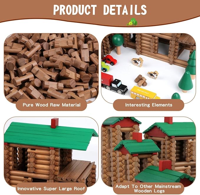 Wondertoys 456Pcs Big Villa Wooden Log Set Real Wood Logs Classic Building Log Ages 3+ Best Retro Building Gift Set Creative Construction Engineering Educational Gifts