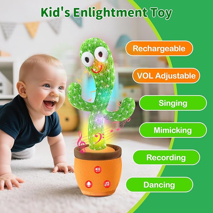 Rechargeable Dancing Talking Cactus Toy with Adjustable Volume, Interactive Cactus Baby Toys for Toddler, Boys Girls Gifts Singing Mimicking Recording Repeating What You Say with 120 English Songs