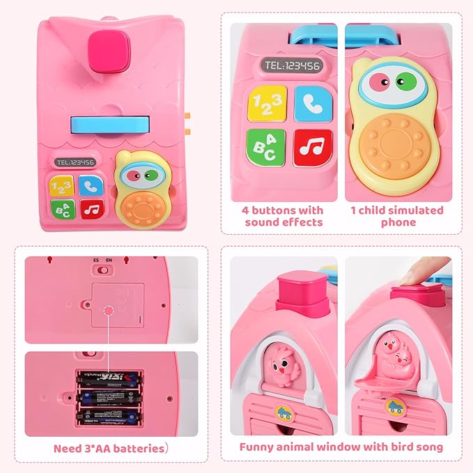 1 2 Year Old Girls Montessori Musical Learning House Toys,First Birthday Gifts for Baby Girls,Pink Bilingual Educational Toy for Toddlers Age 1-3