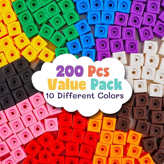 Set of 200 Kids Linking Cubes for Math, STEM Connecting Cubes Math Manipulatives Kids Counting Blocks for Classroom Learning Supplies for Preschool and School Children