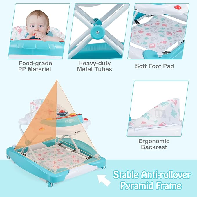 HONEY JOY Baby Walker, 6-in-1 Foldable Baby Walker and Bouncer Combo, Infant Activity Walker with Wheels, Adjustable Heights, Rocker, Music, Lights, Walker for Baby Boy Girl 7-14 Months (Green)