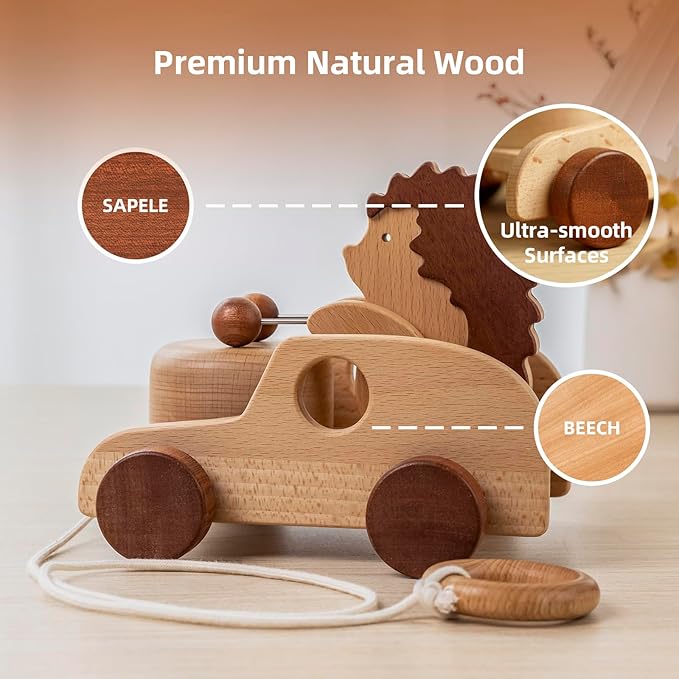 Hedgehog Pull-Along Toy | Musical Wooden Pull Toy with Wooden Grip Ring | Natural Drumming Sound for Toddlers 1.5+ Years