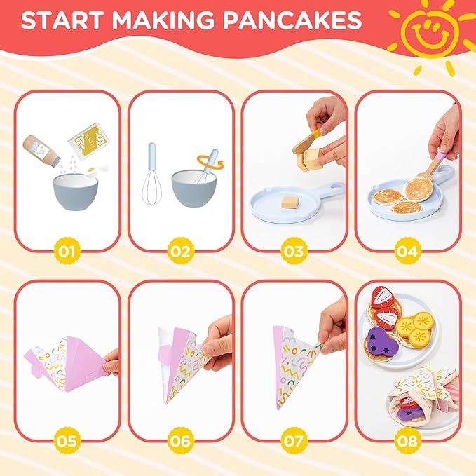 Wooden Play Food Pancake Toy Sets, Kids DIY Cooking Kitchen Pretend Play Food Set,Educational Learning Toys for Toddler 3 4 5 6 7 8 Ages Boys Girls Fun Imaginative Birthday Gift