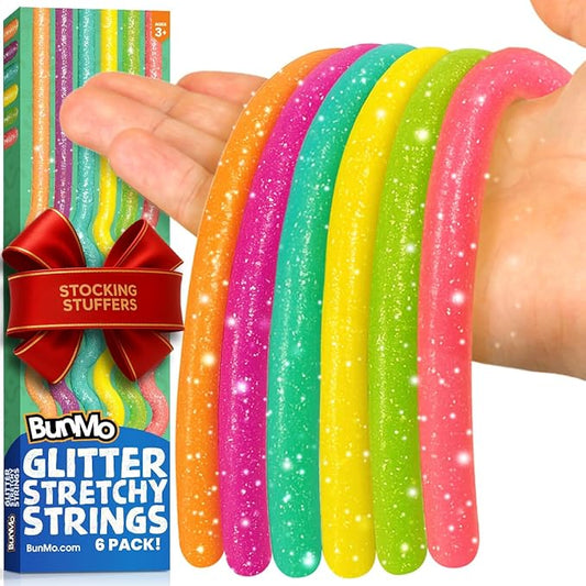 BUNMO Stocking Stuffers for Kids - Stretchy Sensory Strings - Sensory Toys for Kids - Stocking Stuffers for Boys and Girls - Hours of Fun - Glitter - 6 Pack
