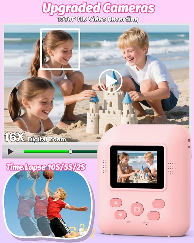 Kids Camera Instant Print Photo, Portable Thermal Printing Camera Toy with HD Digital Video, for 3-12 Years Old Boys Girls, Creativity & Learning (Pink)
