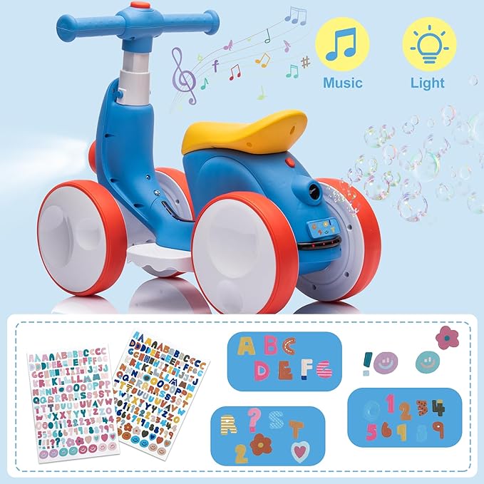 Electric Baby Balance Bike with Bubble Machine for 1 Year Old Boys Girls 4 in 1 Toddler Balance Bike 12-48 Month Kids Bubble Bike Ride Toys First Birthday Gift with Powered Motor,Music,LED Lights