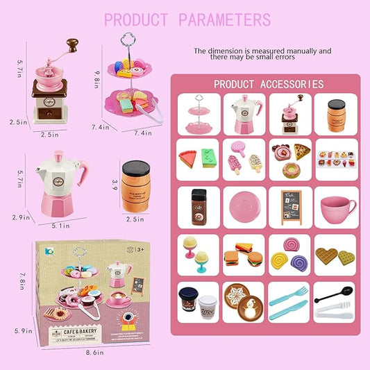 Pretend Tea Party Set for Little Girls, 48 PCS Coffee Maker Set and Play Food Dessert Set for Kids Age 3 4 5 6 7 8 9, Kids Kitchen Pretend Play for Princess Girls Boys(Pink)