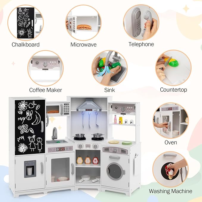 GLACER Corner Wooden Play Kitchen for Kids, Large Pretend Play Kitchen Playset with Sound, Light, Chalkboard, Microwave, Ice Maker, Washing Machine, Accessories, Toy Kitchen Set for Ages 3+ (White)