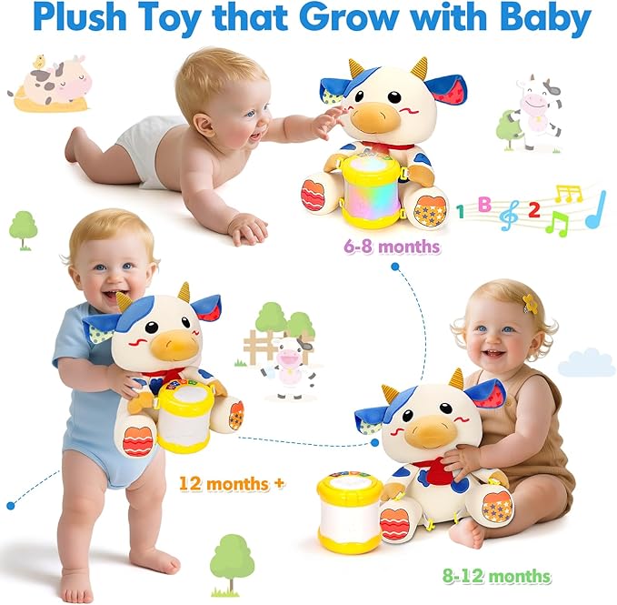 V-Opitos Stuffed Cow Musical Toys for Baby 6-12 Months+, Early Learning Light up Music Drum, Perfect Christmas Birthday Gifts for Boy & Girl Age 1, 2 Years Old