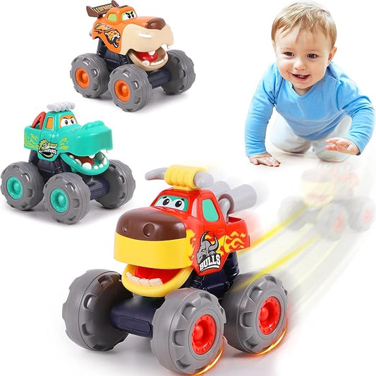 iPlay, iLearn Toddler Monster Truck Toy, Baby Pull Back Toy Car 1 2 3 Year Old Boy, Push Go Animal Cars, Friction BigWheels Play Vehicles, Cool Birthday Stocking Gifts for 12 18 24 Month Kids Girls