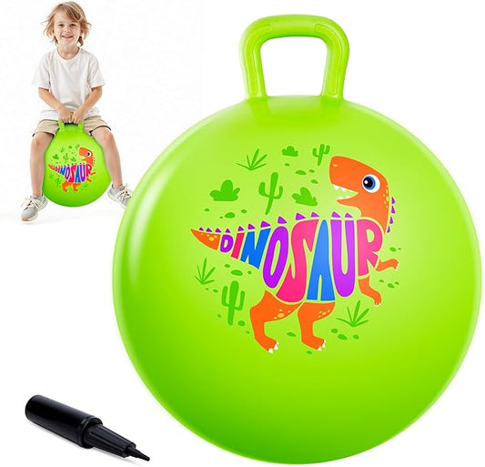 ZOOJOY Hopper Ball for Kids Aged 3-8, 18In Bouncy Balls with Handle, Green Dinosaur Hoppity Hop Ball with Pump, Indoor Outdoor Inflatable Jumping Hopping Toys for Boys Girls Girls