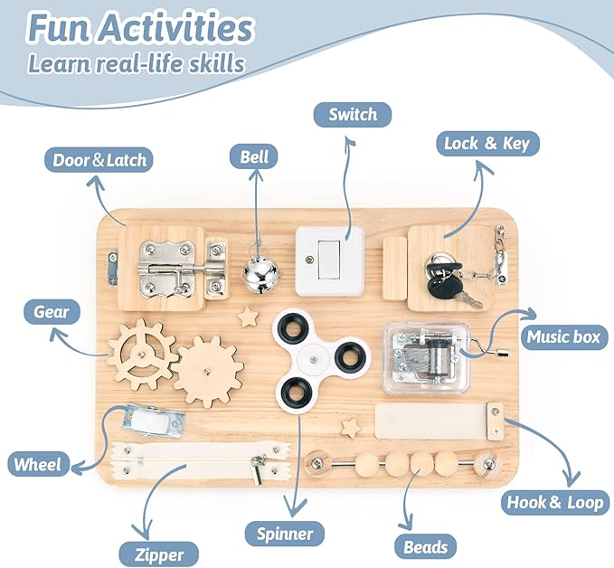 Potatomato Montessori Wooden Busy Board-Sensory Toys for Toddlers Fine Motor Skills-Activity Board for Kids-Educational Fidget Travel Toy for Baby Boy&Girl-Birthday Gifts