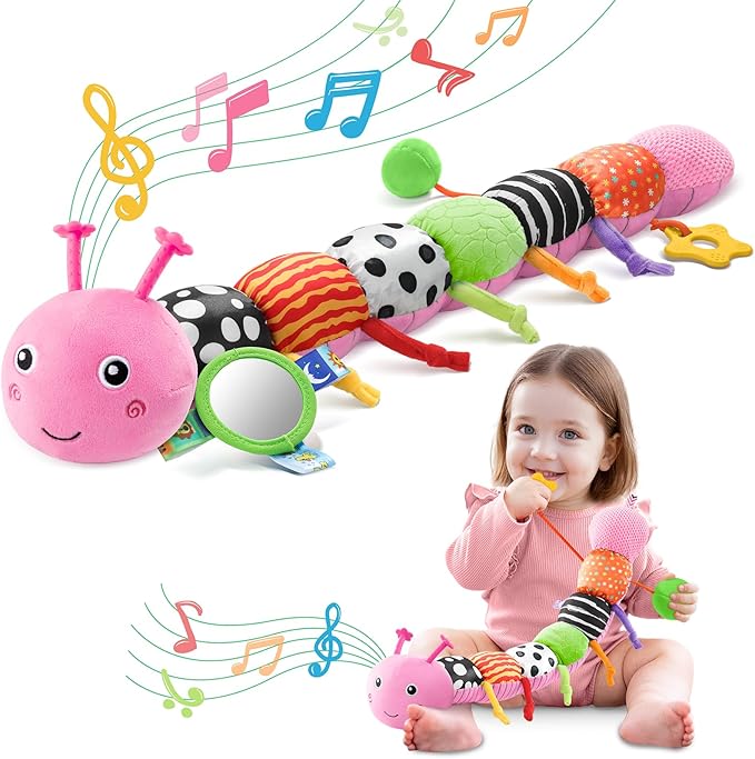 Baby Toys 0-6-12 Months,Musical Caterpillar Stuffed Animals Activity Infant Toys with Crinkle,Rattles,Mirror&Pull String,Muti-Sensory Toys Gifts for Newborn Tummy Time,Pink,Knot prolegs