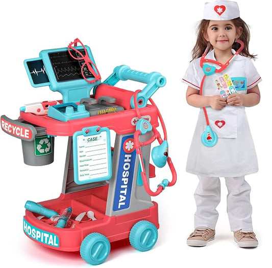 Liberry Doctor Kit for Toddlers Ages 2 3 4 5, Pretend Kids Doctor Playset with Cart, Costume and Stethoscope, Role Play Medical Toys Christmas Birthday Gift for Girls Boys (Red)