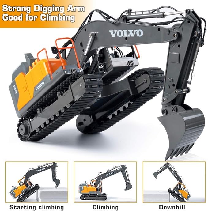 DOUBLE E Volvo RC Excavator 17 Channel 3 in 1 Construction Toys, 17 Channel Remote Control Vehicles Tractor Sandbox Toys Digger with Metal Shovel Drill Grab RC Truck for Kids Adults