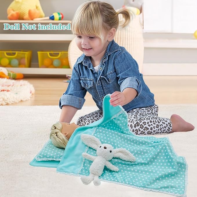 Baby Doll Accessories Bedding Set Soft Blanket Mattress Pillow Dolls Playset Fits 16-18 Inches American Doll Furniture Toy Girls and Boys (Green)