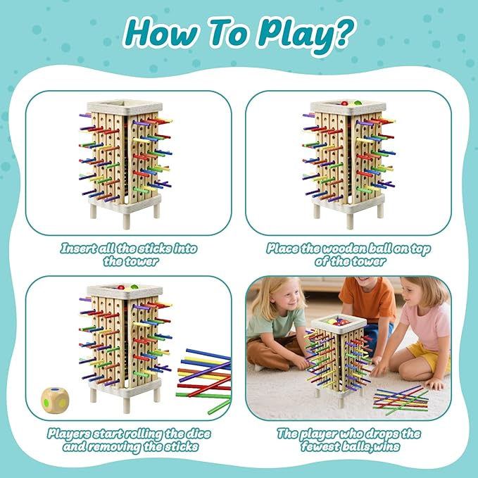 Montessori Game Wooden Board Game, 42 Colorful Wooden Sticks Dice Game Math Learning Toys for 3 4 5 6 Year Olds, Fine Motor Skill Toy for 3+ Year Olds Girls Boys,Family Game Travel Toys Gifts for Kids