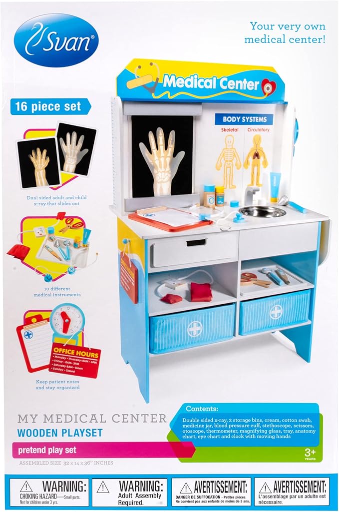 Get Well Doctor Wooden Activity Center- Kids Pretend Play Medical Playset w Waiting Room- 16 Accessories, Dual Sided, Office Checkup Kit, X-Rays, Blood Pressure Cuff- Boys Girls Roleplaying Xmas Gift